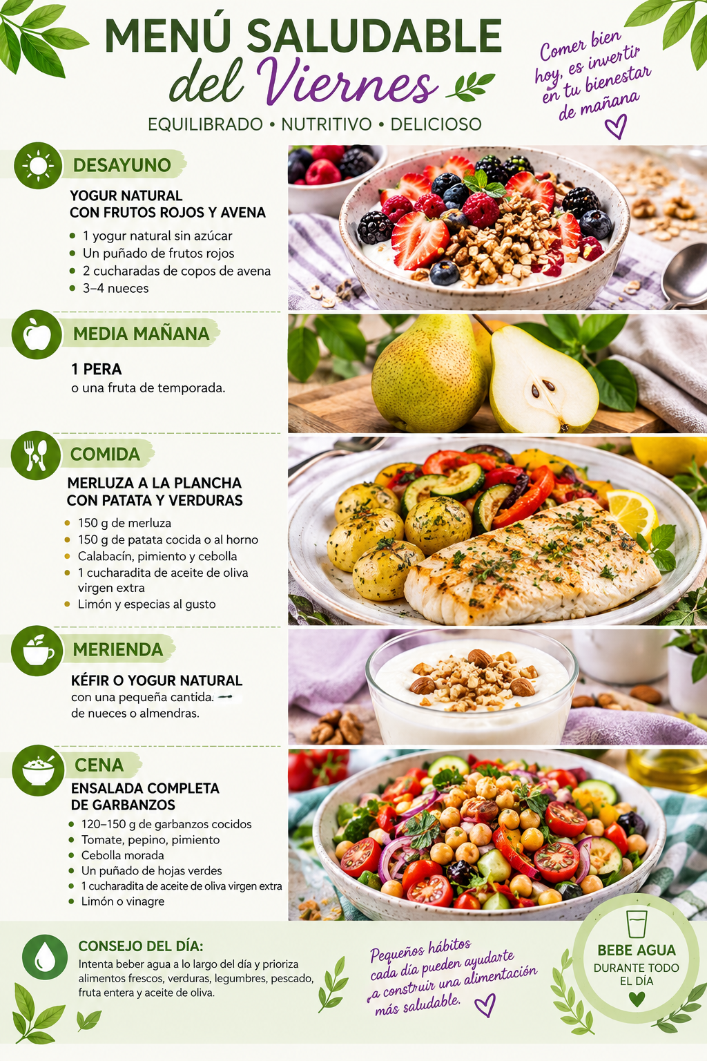 Menú saludable del viernes: yogur con frutos rojos y avena, pera, merluza a la plancha con patata y verduras, kéfir con frutos secos, ensalada de garbanzos y consejo de beber agua durante el día