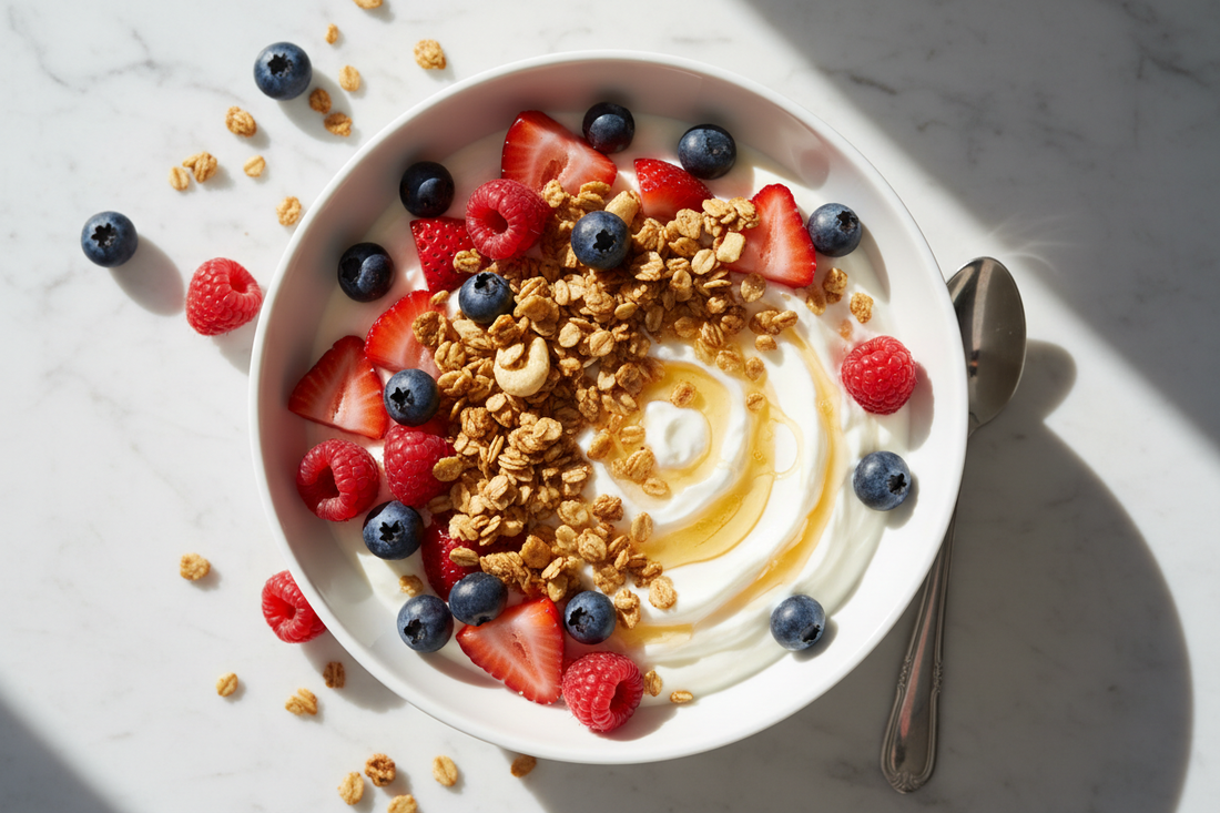 Yogur griego con miel, frutos rojos y granola
